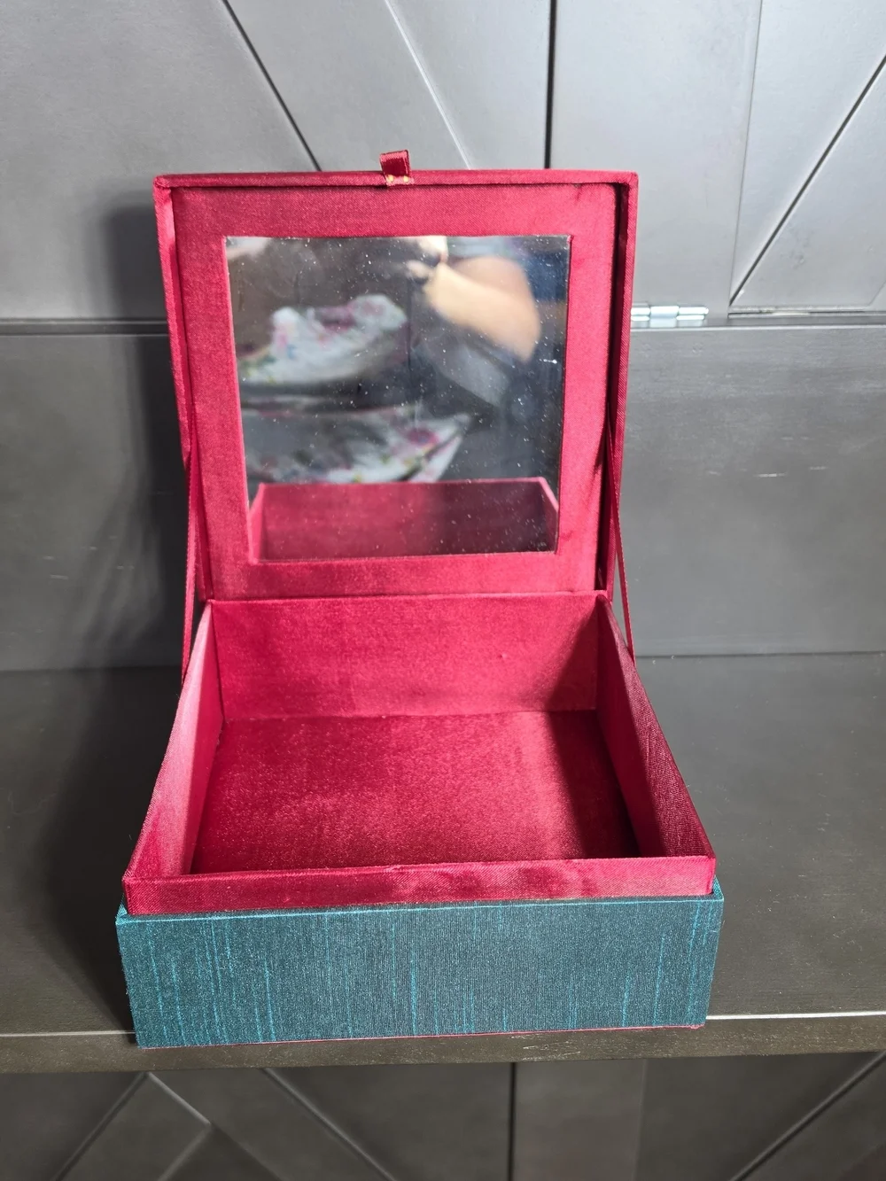 Jewelry Box With Mirror Beaded Fabric Covered Handmade In India Teal & Pink
